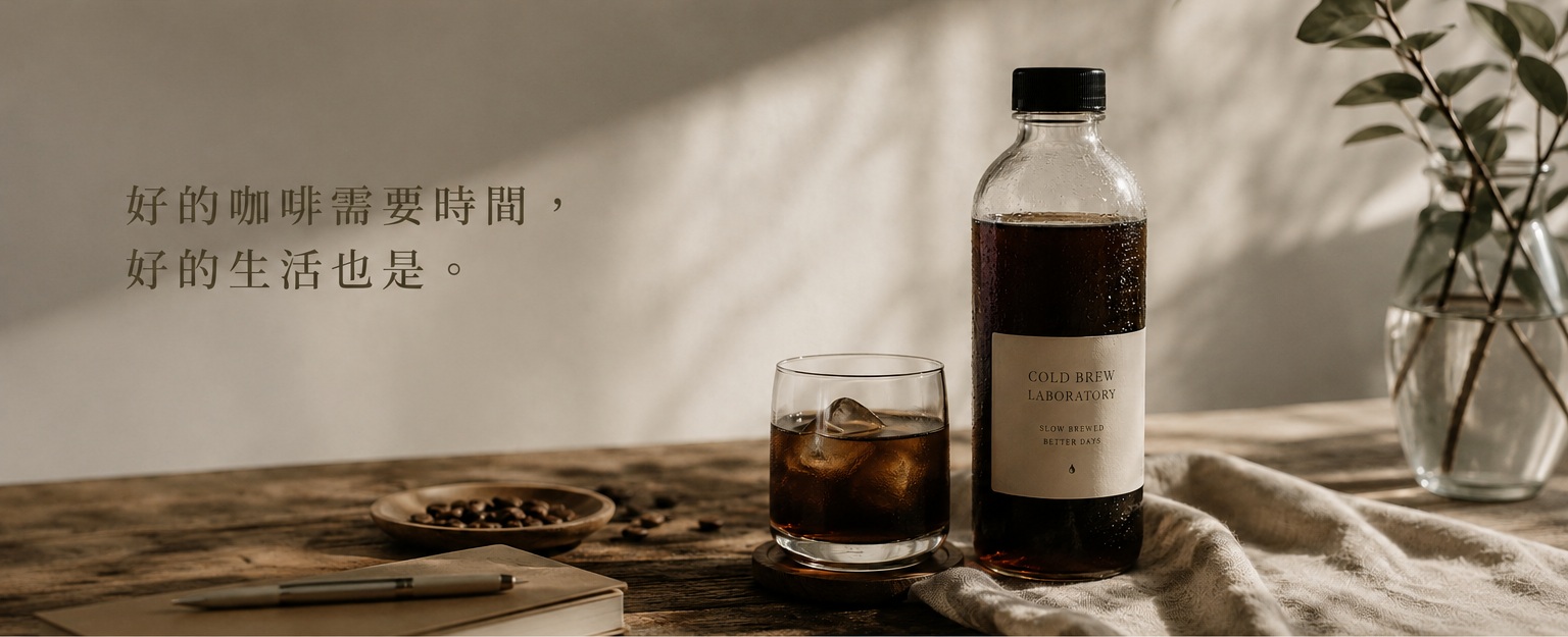 自然光下的冷萃咖啡、玻璃杯與品牌瓶身，搭配好的咖啡需要時間，好的生活也是。