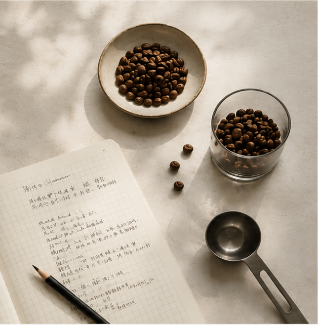 自然光下的咖啡豆、杯測匙、筆記本與鉛筆。